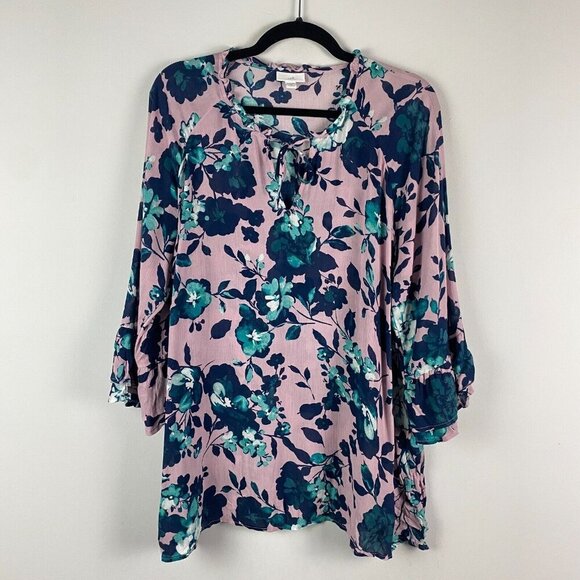 J.Jill Mauve Beautiful Blossoms Blouse Size 1X Rayon 3/4 Bell Sleeve Tie Neck - Picture 1 of 11